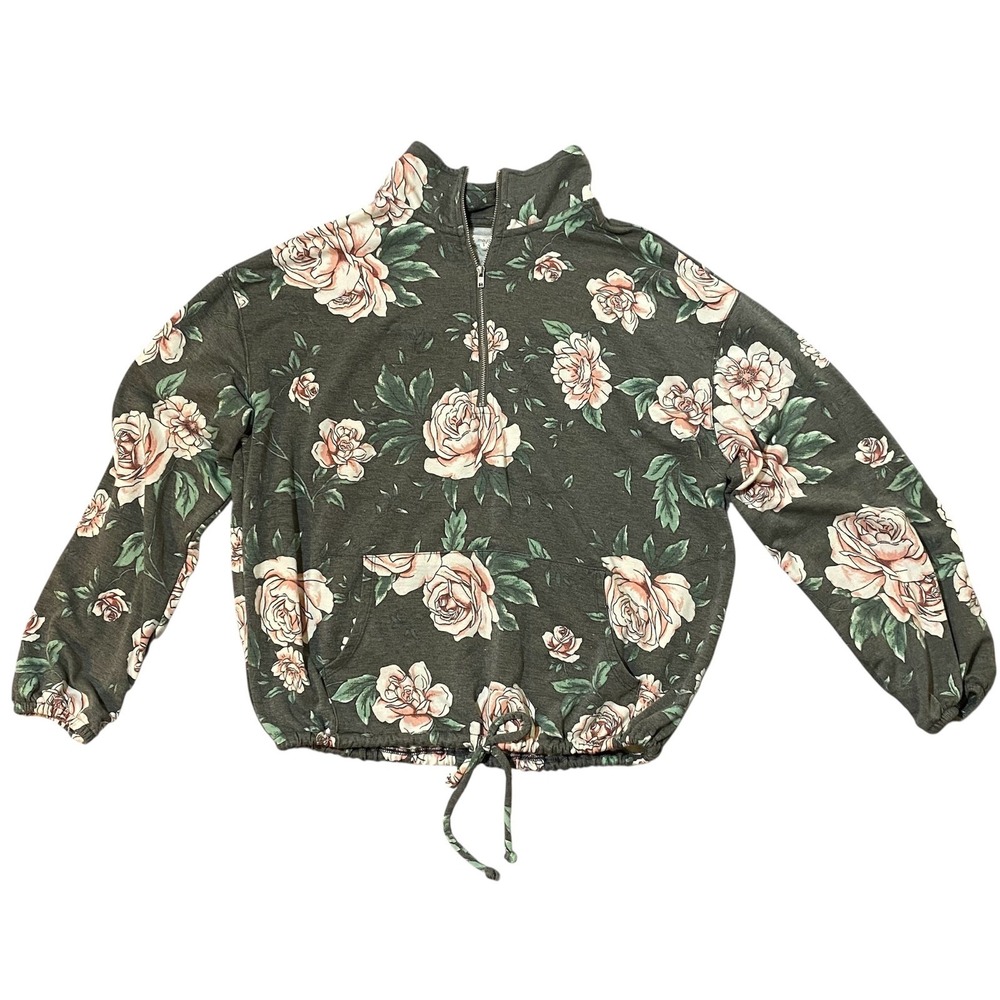 Maurices Floral Quarter Zip Pullover Sweatshirt‎ Grey Pink Rose Small